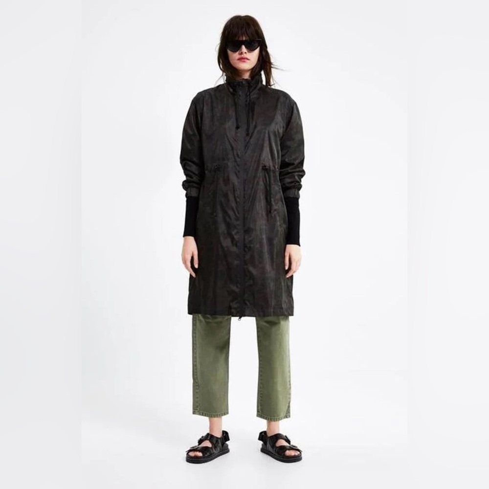 NWT ZARA Camo Windbreaker Jacket Black Brown Size Small